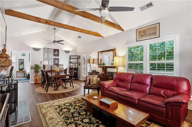 living room with beamed ceiling, high vaulted ceiling, dark hardwood / wood-style floors, and ceiling fan