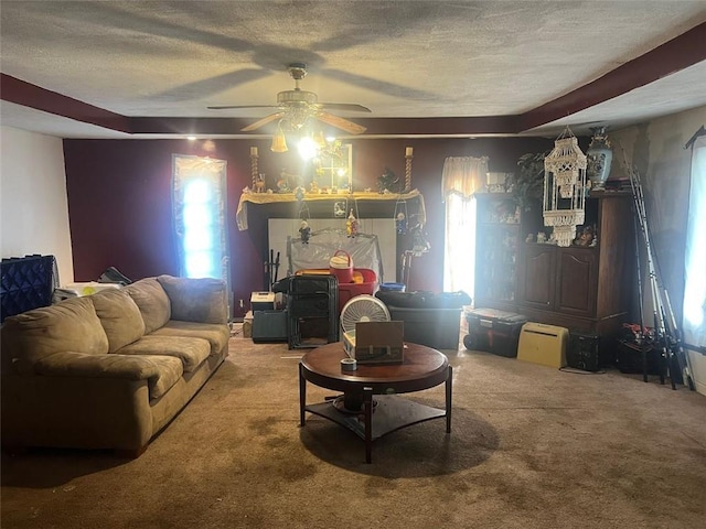 10199 Starr St SW, Covington, GA 30014 - living area featuring carpet flooring, a textured ceiling, and a ceiling fan