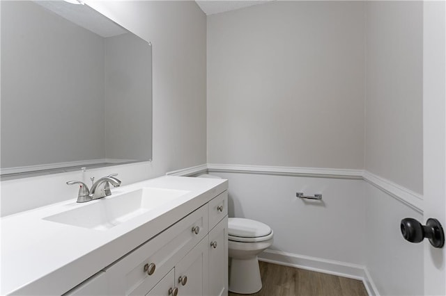 bathroom featuring toilet, vanity, and wood finished floors