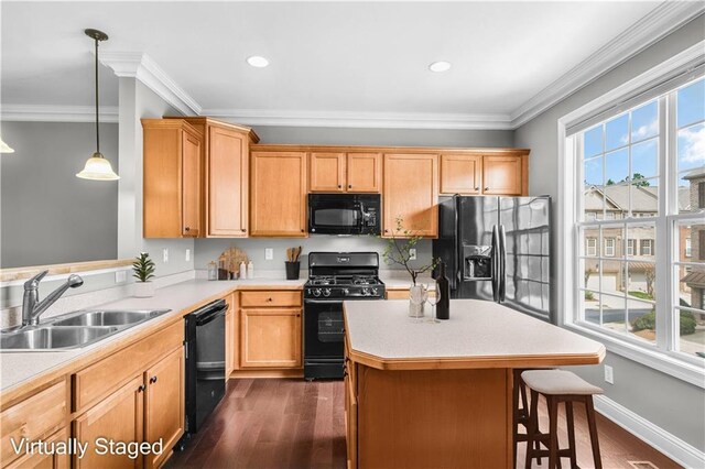 5748 Pine Oak Dr NW, Norcross, GA 30092 - kitchen with a sink, dark wood-style flooring, crown molding, black appliances, and light countertops