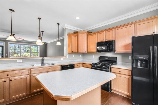 5748 Pine Oak Dr NW, Norcross, GA 30092 - kitchen with crown molding, a sink, light countertops, black appliances, and light brown cabinetry