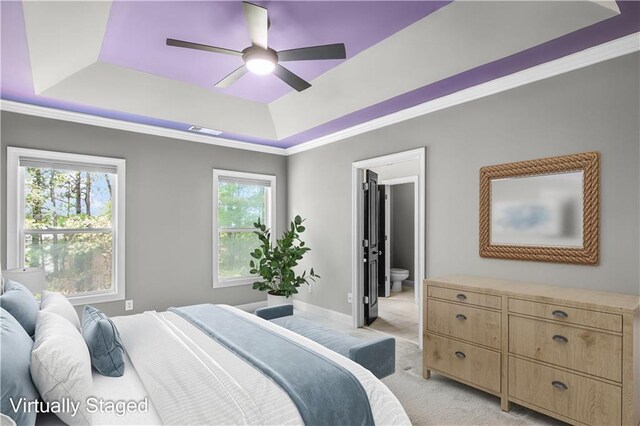 5748 Pine Oak Dr NW, Norcross, GA 30092 - bedroom with ornamental molding, visible vents, light carpet, and a raised ceiling
