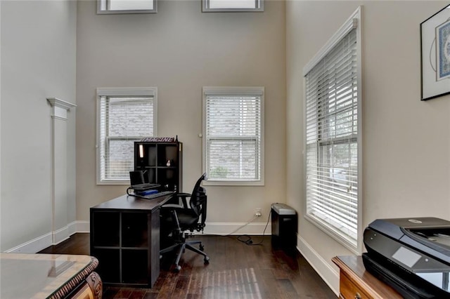 4191 Secret Shoals Way, Buford, GA 30518 - office area with dark wood-style floors, baseboards, and a high ceiling