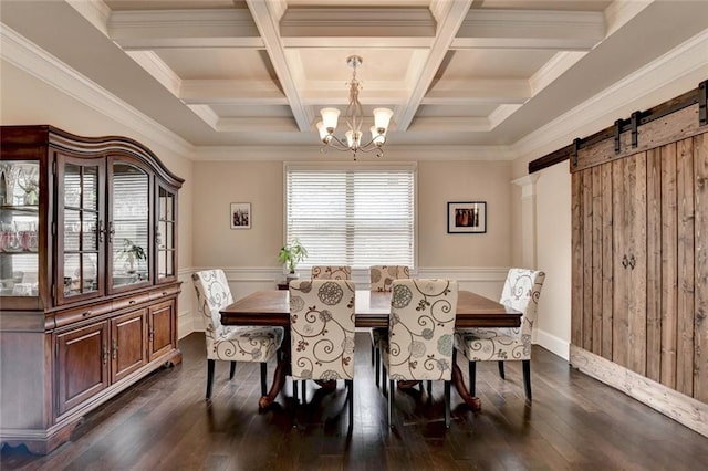 4191 Secret Shoals Way, Buford, GA 30518 - dining area with a chandelier, dark wood-style flooring, a barn door, coffered ceiling, and crown molding
