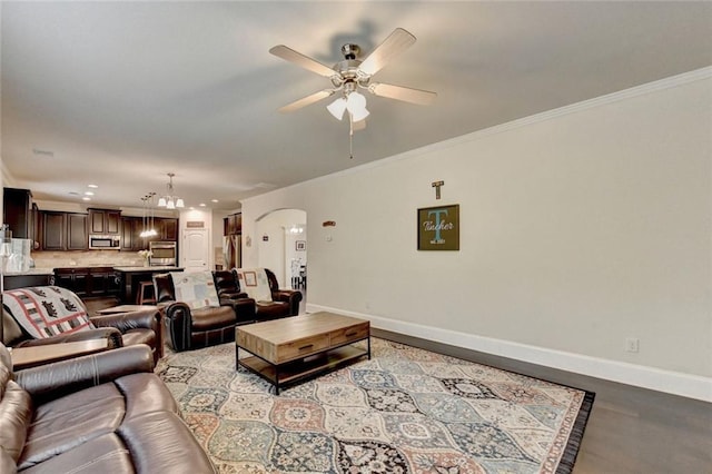 4191 Secret Shoals Way, Buford, GA 30518 - living area featuring ceiling fan, baseboards, arched walkways, crown molding, and recessed lighting