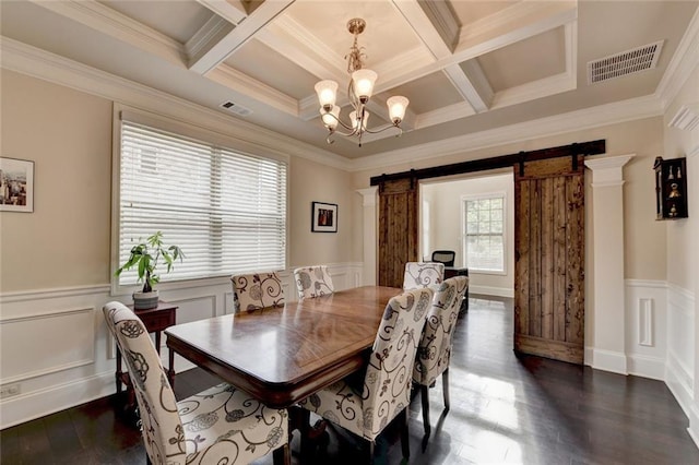 4191 Secret Shoals Way, Buford, GA 30518 - dining area with a barn door, coffered ceiling, a chandelier, dark wood-type flooring, and crown molding