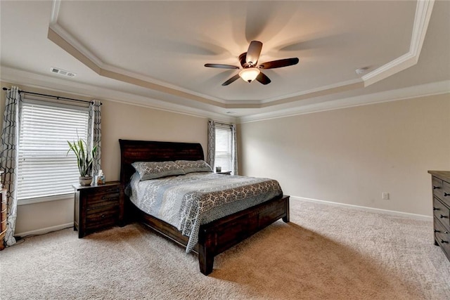 4191 Secret Shoals Way, Buford, GA 30518 - bedroom with a raised ceiling, carpet flooring, ornamental molding, baseboards, and ceiling fan
