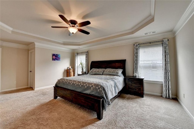 4191 Secret Shoals Way, Buford, GA 30518 - bedroom with a raised ceiling, carpet flooring, crown molding, ceiling fan, and baseboards