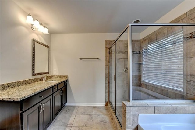 4191 Secret Shoals Way, Buford, GA 30518 - full bath with a garden tub, a shower stall, vanity, and tile patterned floors