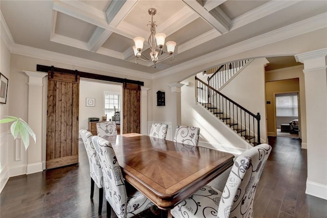 4191 Secret Shoals Way, Buford, GA 30518 - dining room with decorative columns, a chandelier, a barn door, coffered ceiling, and ornamental molding