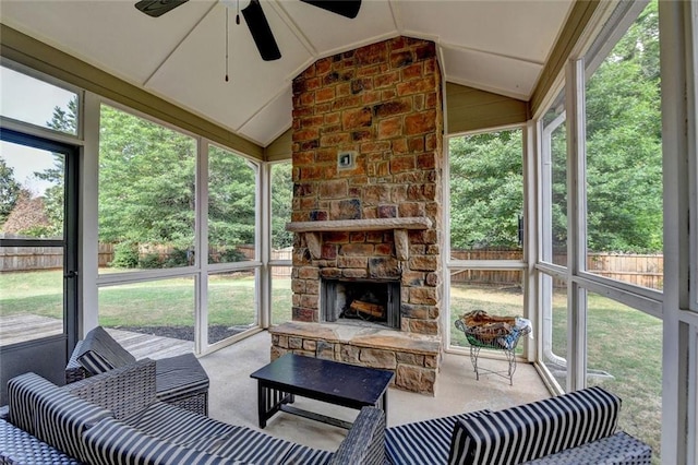 4191 Secret Shoals Way, Buford, GA 30518 - sunroom / solarium with a stone fireplace, a ceiling fan, and lofted ceiling