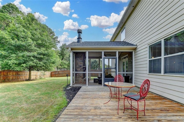 4191 Secret Shoals Way, Buford, GA 30518 - wooden deck with a sunroom, a fenced backyard, and ceiling fan
