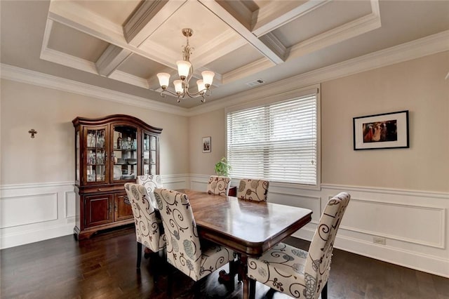 4191 Secret Shoals Way, Buford, GA 30518 - dining room featuring a chandelier, a wainscoted wall, dark wood-style flooring, coffered ceiling, and beamed ceiling