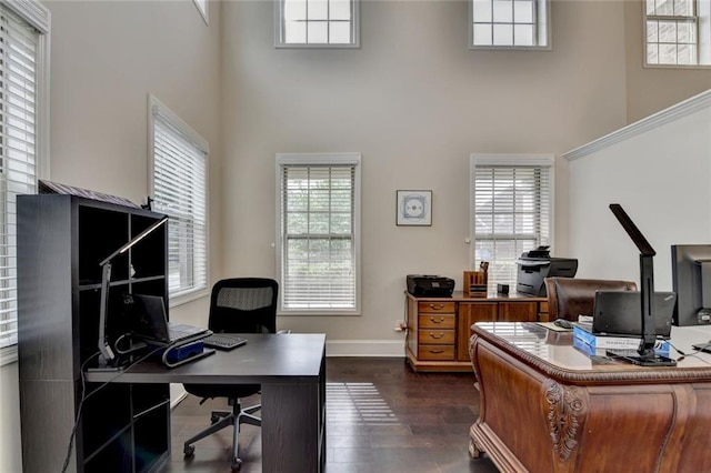 4191 Secret Shoals Way, Buford, GA 30518 - office featuring a high ceiling, dark wood-style flooring, and baseboards