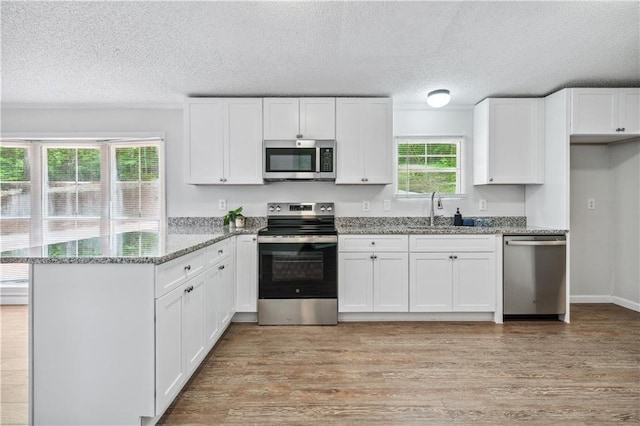 6670 George Ct, Cumming, GA 30041 - kitchen featuring appliances with stainless steel finishes, white cabinetry, a sink, a peninsula, and a textured ceiling