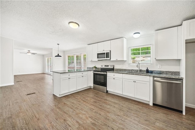 6670 George Ct, Cumming, GA 30041 - kitchen featuring appliances with stainless steel finishes, a sink, a peninsula, light wood-style floors, and a textured ceiling