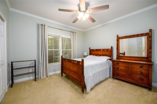 1304 Carrington Way, Lawrenceville, GA 30044 - bedroom with light colored carpet, ornamental molding, baseboards, and a ceiling fan