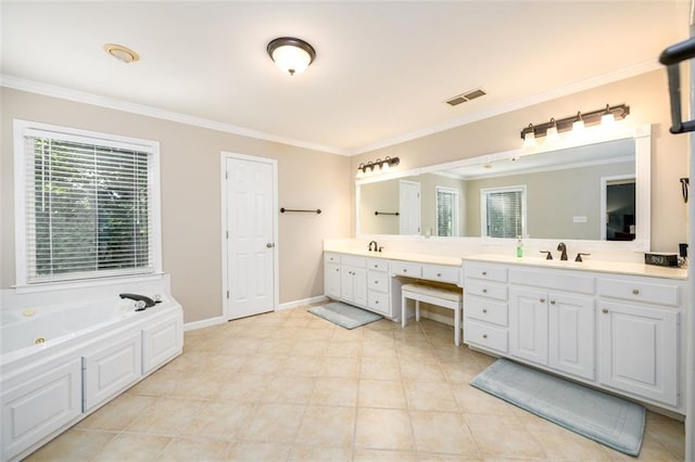 1304 Carrington Way, Lawrenceville, GA 30044 - bathroom featuring double vanity, ornamental molding, a tub with jets, and baseboards