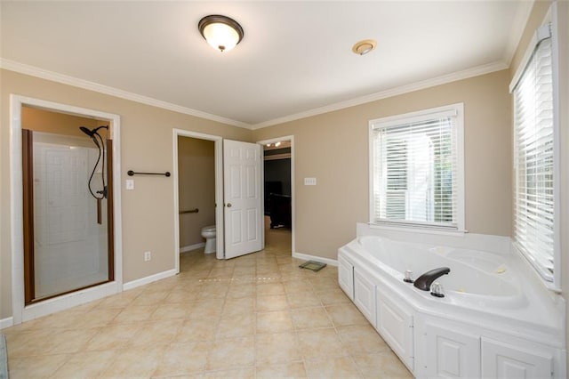 1304 Carrington Way, Lawrenceville, GA 30044 - bathroom with a garden tub, a shower stall, healthy amount of natural light, toilet, and ornamental molding
