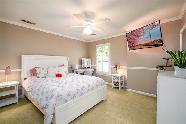 1304 Carrington Way, Lawrenceville, GA 30044 - bedroom featuring light colored carpet, baseboards, ornamental molding, and a ceiling fan