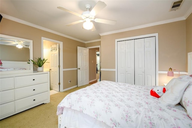 1304 Carrington Way, Lawrenceville, GA 30044 - bedroom featuring ornamental molding, light carpet, a closet, ceiling fan, and baseboards