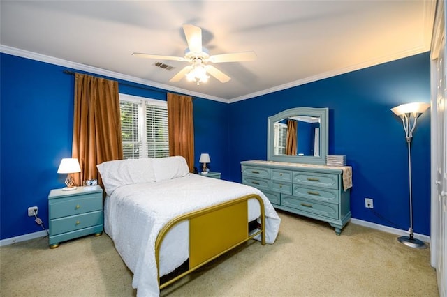 1304 Carrington Way, Lawrenceville, GA 30044 - bedroom with baseboards, light colored carpet, ornamental molding, and ceiling fan