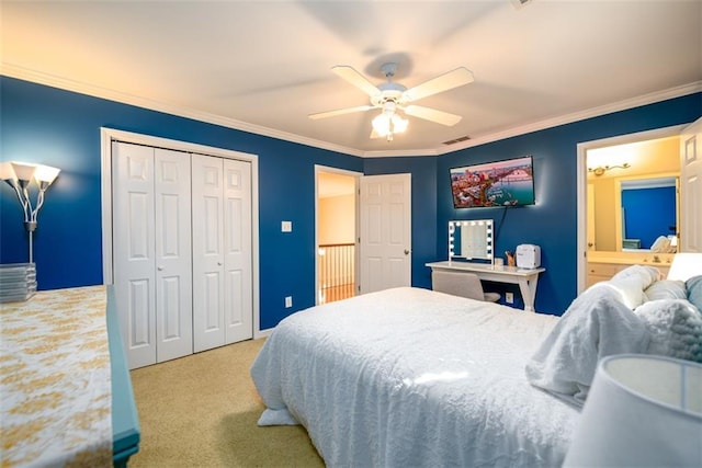 1304 Carrington Way, Lawrenceville, GA 30044 - bedroom with carpet flooring, crown molding, a closet, and a ceiling fan