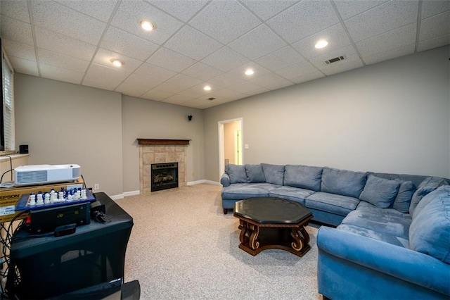 1304 Carrington Way, Lawrenceville, GA 30044 - living area with carpet floors, recessed lighting, a fireplace, baseboards, and a paneled ceiling