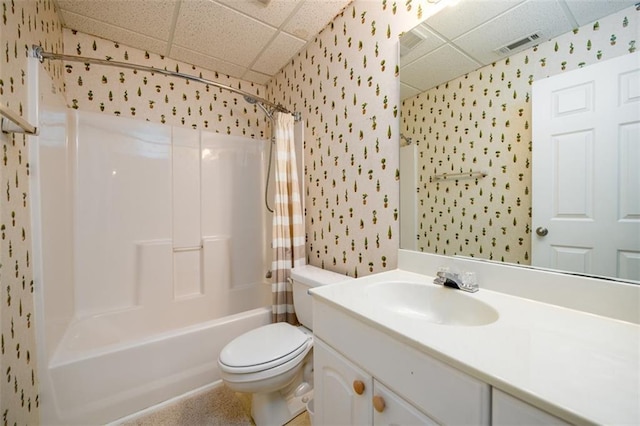 1304 Carrington Way, Lawrenceville, GA 30044 - full bathroom featuring wallpapered walls, a paneled ceiling, shower / bathtub combination with curtain, toilet, and vanity