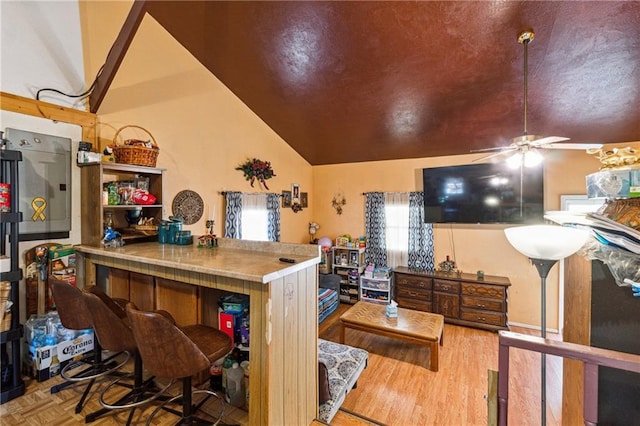 interior space with a ceiling fan and lofted ceiling