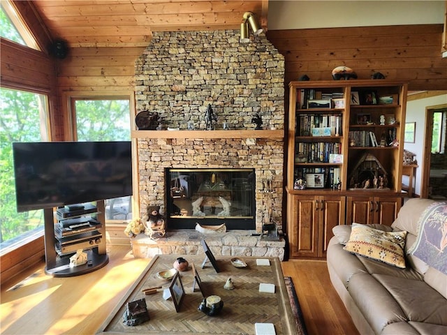 1115 Wild Turkey Blf, Jasper, GA 30143 - living room featuring wood finished floors, healthy amount of natural light, wood walls, and a fireplace