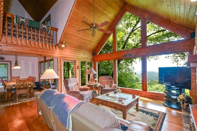 1115 Wild Turkey Blf, Jasper, GA 30143 - living area featuring high vaulted ceiling, wood ceiling, wood finished floors, plenty of natural light, and ceiling fan