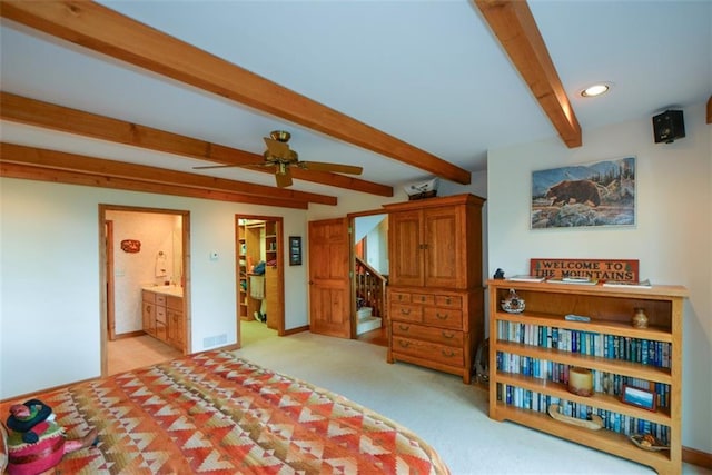 1115 Wild Turkey Blf, Jasper, GA 30143 - bedroom with beam ceiling, light colored carpet, a walk in closet, recessed lighting, and ensuite bathroom