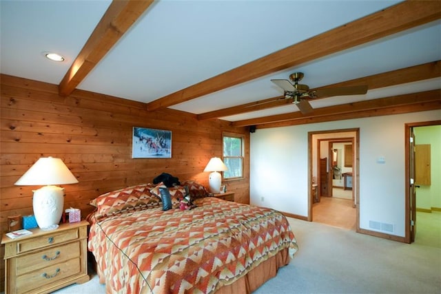 1115 Wild Turkey Blf, Jasper, GA 30143 - bedroom with beam ceiling, carpet flooring, wooden walls, ensuite bathroom, and recessed lighting