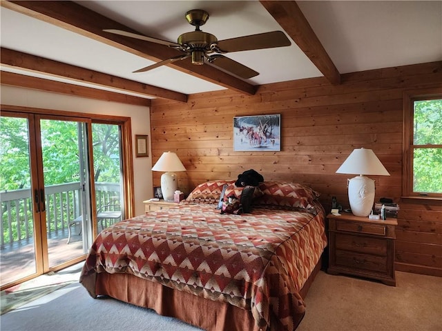 1115 Wild Turkey Blf, Jasper, GA 30143 - bedroom featuring beamed ceiling, access to outside, light carpet, wooden walls, and ceiling fan