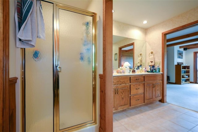 1115 Wild Turkey Blf, Jasper, GA 30143 - bathroom with double vanity, a shower stall, and recessed lighting