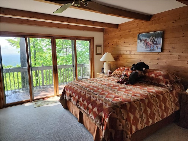 1115 Wild Turkey Blf, Jasper, GA 30143 - bedroom featuring multiple windows, access to outside, beamed ceiling, carpet flooring, and wooden walls