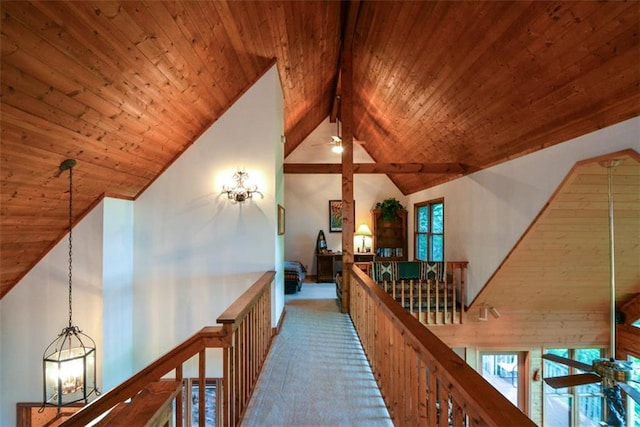 1115 Wild Turkey Blf, Jasper, GA 30143 - hallway featuring wood ceiling, an upstairs landing, carpet, and a chandelier