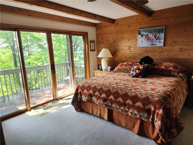 1115 Wild Turkey Blf, Jasper, GA 30143 - bedroom with carpet, beam ceiling, access to exterior, multiple windows, and wood walls