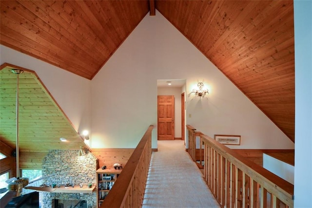 1115 Wild Turkey Blf, Jasper, GA 30143 - corridor with wooden ceiling, high vaulted ceiling, carpet flooring, and an upstairs landing