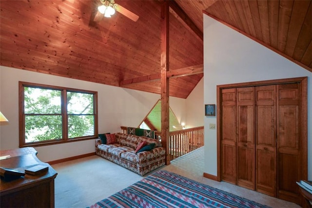 1115 Wild Turkey Blf, Jasper, GA 30143 - carpeted living area with a ceiling fan, a wood ceiling with exposed beams, and high vaulted ceiling