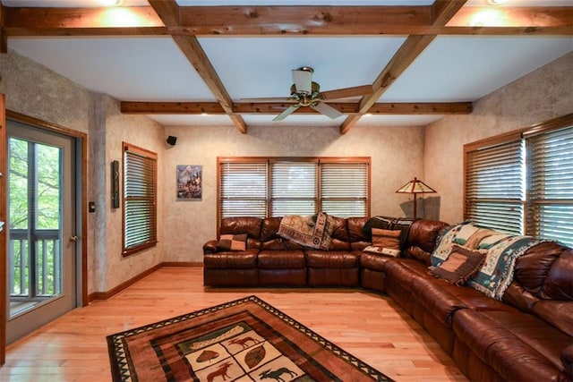 1115 Wild Turkey Blf, Jasper, GA 30143 - living room featuring light wood-style flooring, beam ceiling, coffered ceiling, and a ceiling fan
