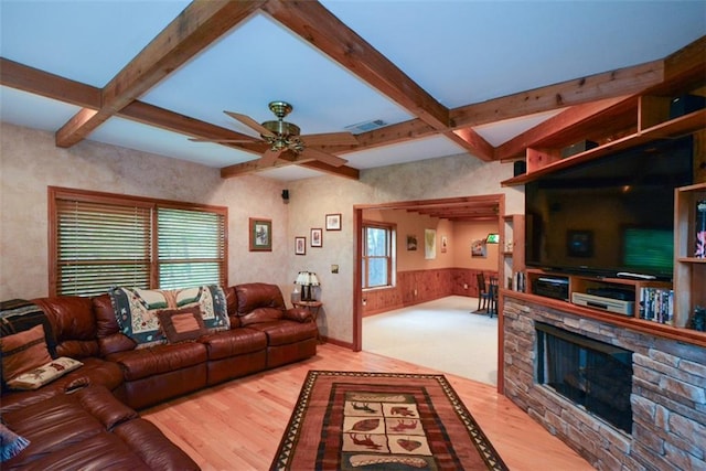 1115 Wild Turkey Blf, Jasper, GA 30143 - living area with wood finished floors, plenty of natural light, a fireplace, coffered ceiling, and beam ceiling