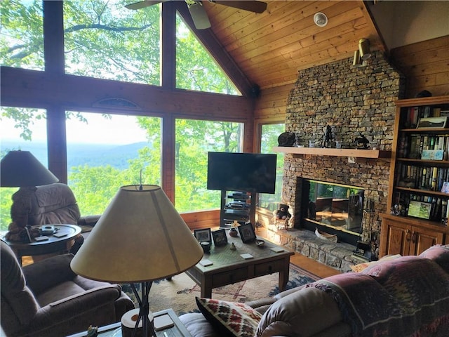 1115 Wild Turkey Blf, Jasper, GA 30143 - living area featuring lofted ceiling, a ceiling fan, a fireplace, wood walls, and wooden ceiling