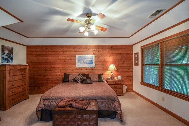 1115 Wild Turkey Blf, Jasper, GA 30143 - bedroom with light colored carpet, wood walls, ornamental molding, and ceiling fan