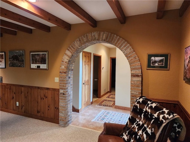 1115 Wild Turkey Blf, Jasper, GA 30143 - interior space with arched walkways, wainscoting, wooden walls, and beamed ceiling
