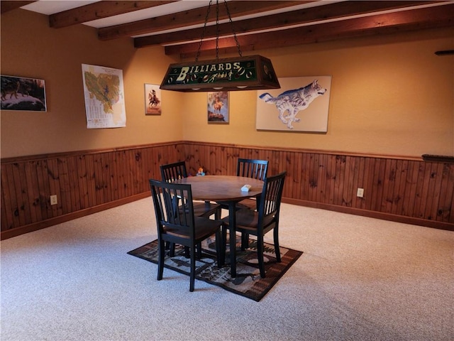 1115 Wild Turkey Blf, Jasper, GA 30143 - carpeted dining space featuring beamed ceiling, a wainscoted wall, and wood walls