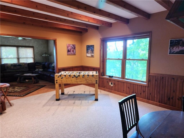 1115 Wild Turkey Blf, Jasper, GA 30143 - rec room featuring a wainscoted wall, beamed ceiling, plenty of natural light, and carpet
