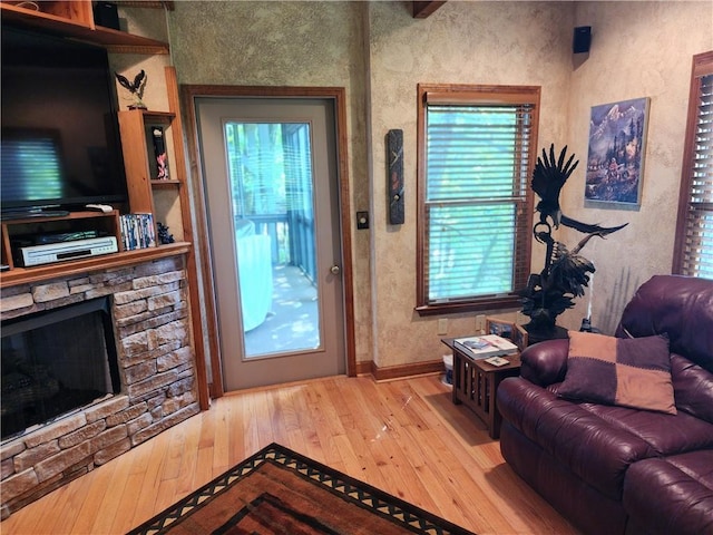 1115 Wild Turkey Blf, Jasper, GA 30143 - living area with hardwood / wood-style flooring, a fireplace, and baseboards