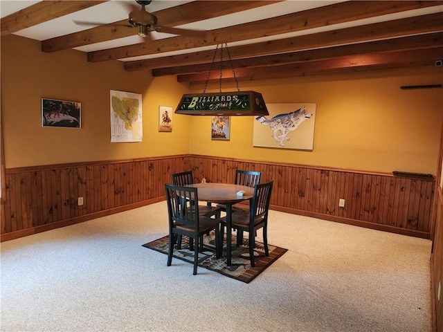1115 Wild Turkey Blf, Jasper, GA 30143 - dining room featuring beamed ceiling, ceiling fan, wainscoting, and carpet floors